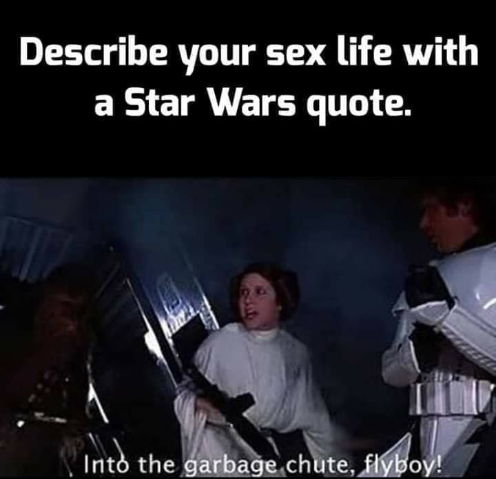 This meme is a screenshot from the movie "Star Wars: A New Hope" (1977) featuring Princess Leia Organa (Carrie Fisher) being tortured by Darth Vader. The image shows Leia struggling to speak, with her voice barely above a whisper. The text "Help me, Obi-Wan Kenobi. You're my only hope" is famously spoken by Leia, but in this meme, it's been replaced with "Help me, Obi-Wan Kenobi. You're my only hope... to get me out of this garbage chute!"